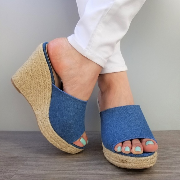 Blue Denim Slip On Espadrille Wedge Sandals-B - Picture 7 of 8